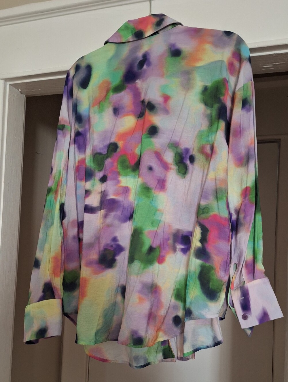 Eloquii Pastel Watercolor Floral Blouse in Purple, Green, Pink - Picture 3 of 5